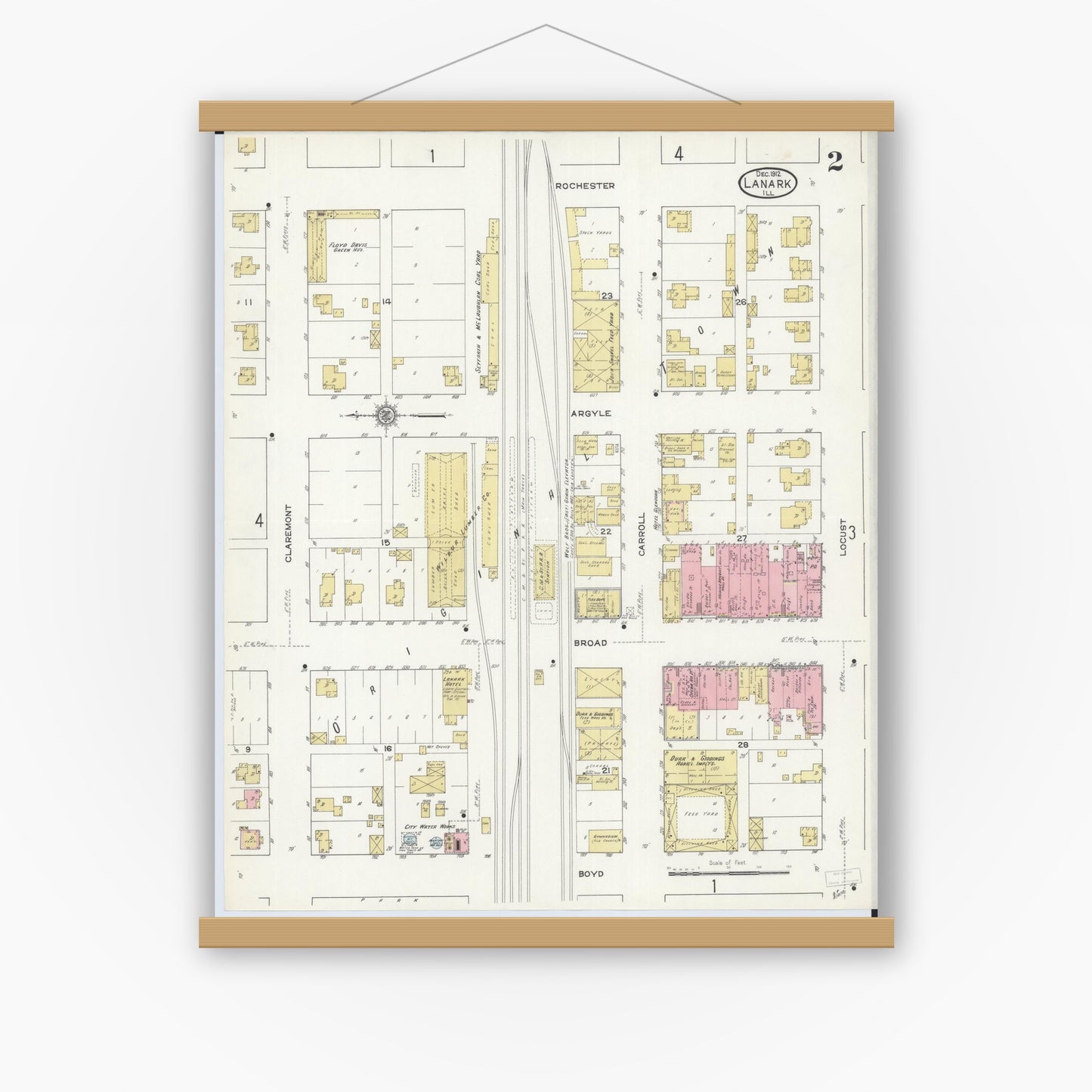 Old map wall art mockup — magnetic wood frame on white wall — Sanborn Fire Insurance Map from Lanark, Carroll County, Illinois (1912), Sheet #0002