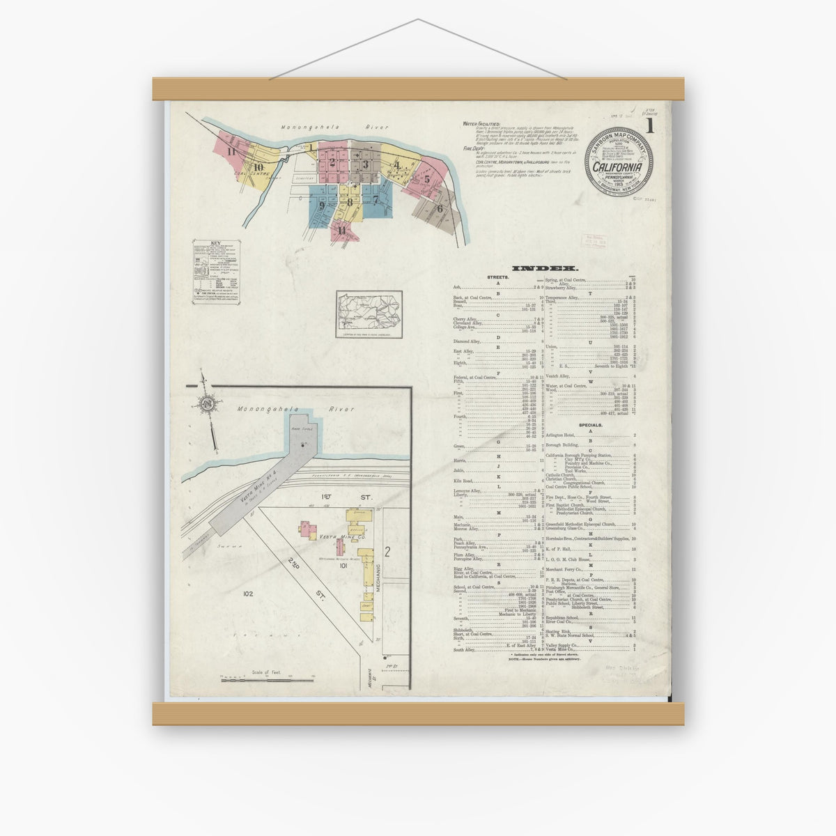 Old map wall art mockup — magnetic wood frame on white wall — Sanborn Fire Insurance Map from California, Washington County, Pennsylvania (1913) - Complete Map Set