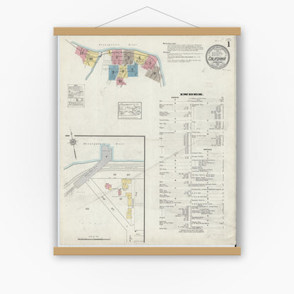 Old map wall art mockup — magnetic wood frame on white wall — Sanborn Fire Insurance Map from California, Washington County, Pennsylvania (1913) - Complete Map Set