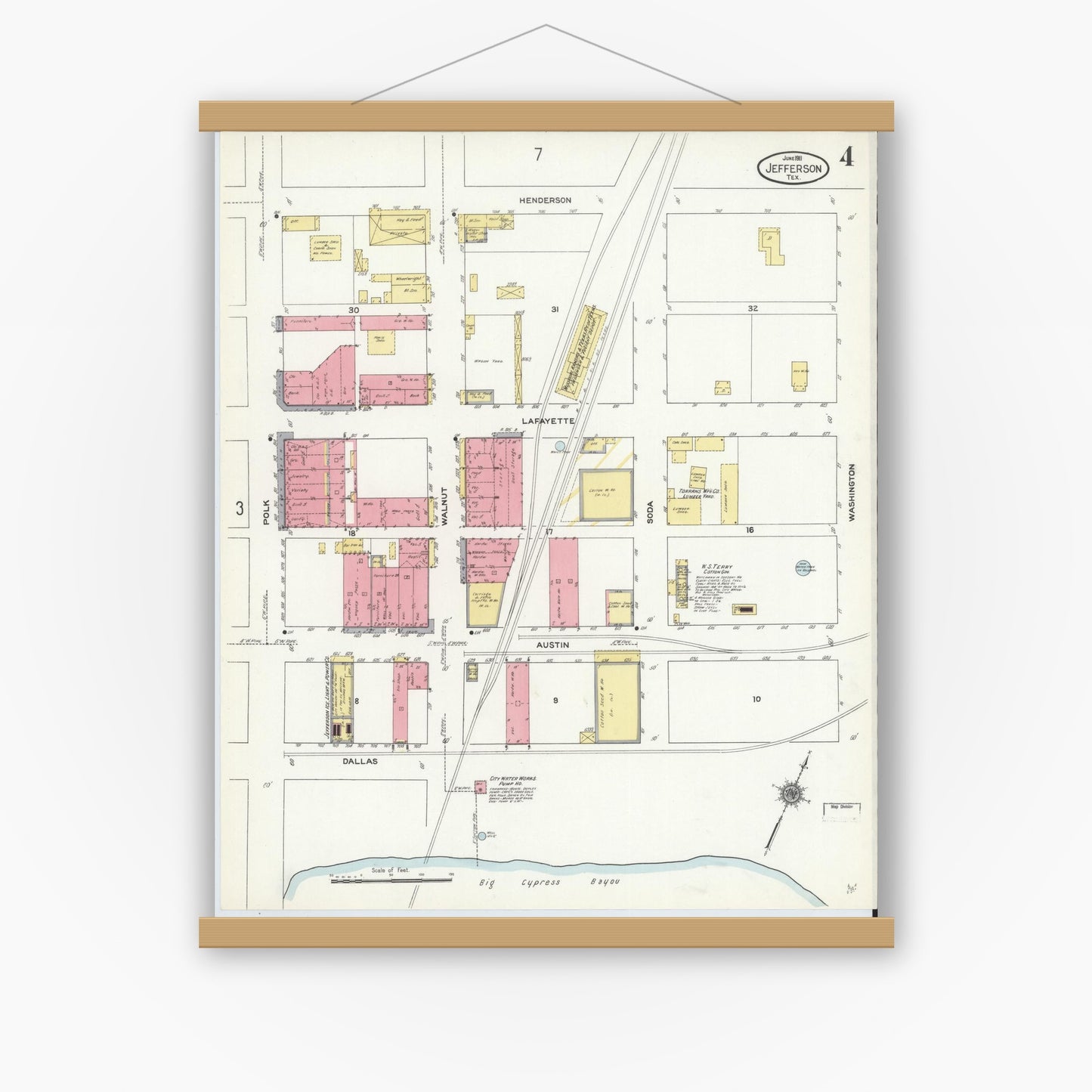 Old map wall art mockup — magnetic wood frame on white wall — Sanborn Fire Insurance Map from Jefferson, Marion County, Texas (1911), Sheet #0004