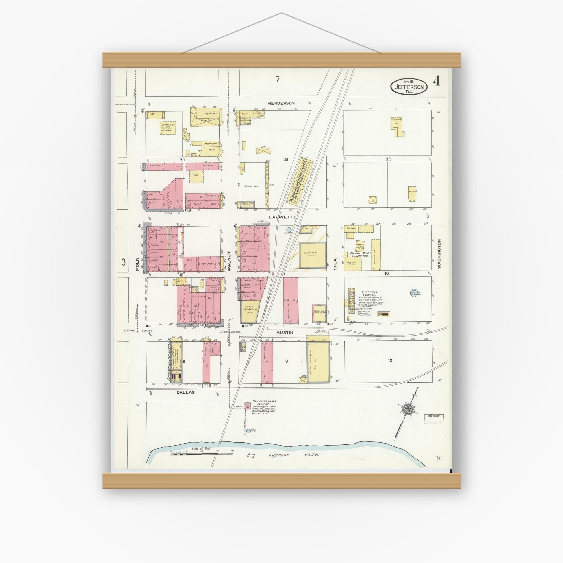 Old map wall art mockup — magnetic wood frame on white wall — Sanborn Fire Insurance Map from Jefferson, Marion County, Texas (1911), Sheet #0004
