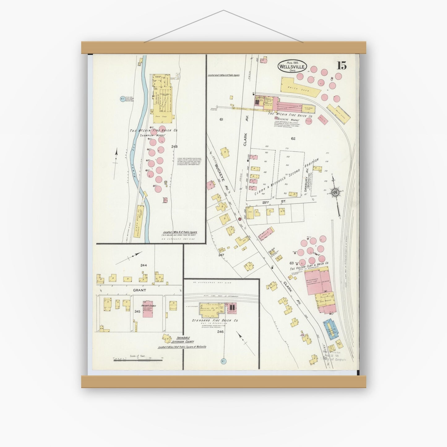 Old map wall art mockup — magnetic wood frame on white wall — Sanborn Fire Insurance Map from Wellsville, Columbiana County, Ohio (1915), Sheet #0015