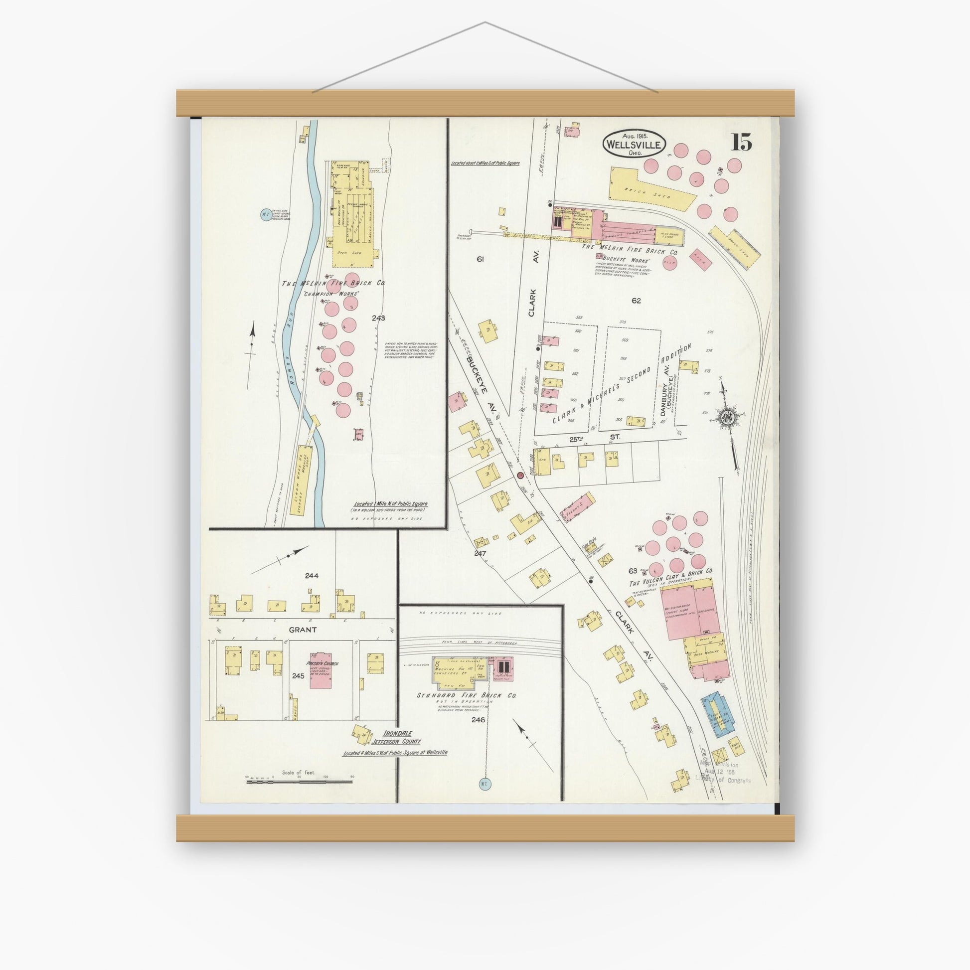 Old map wall art mockup — magnetic wood frame on white wall — Sanborn Fire Insurance Map from Wellsville, Columbiana County, Ohio (1915), Sheet #0015