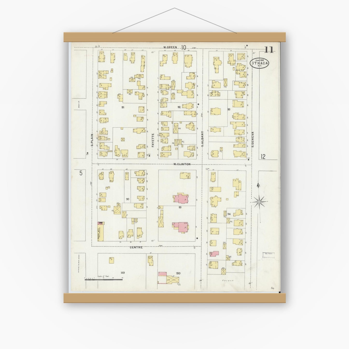 Old map wall art mockup — magnetic wood frame on white wall — Sanborn Fire Insurance Map from Ithaca, Tompkins County, New York (1898), Sheet #0011