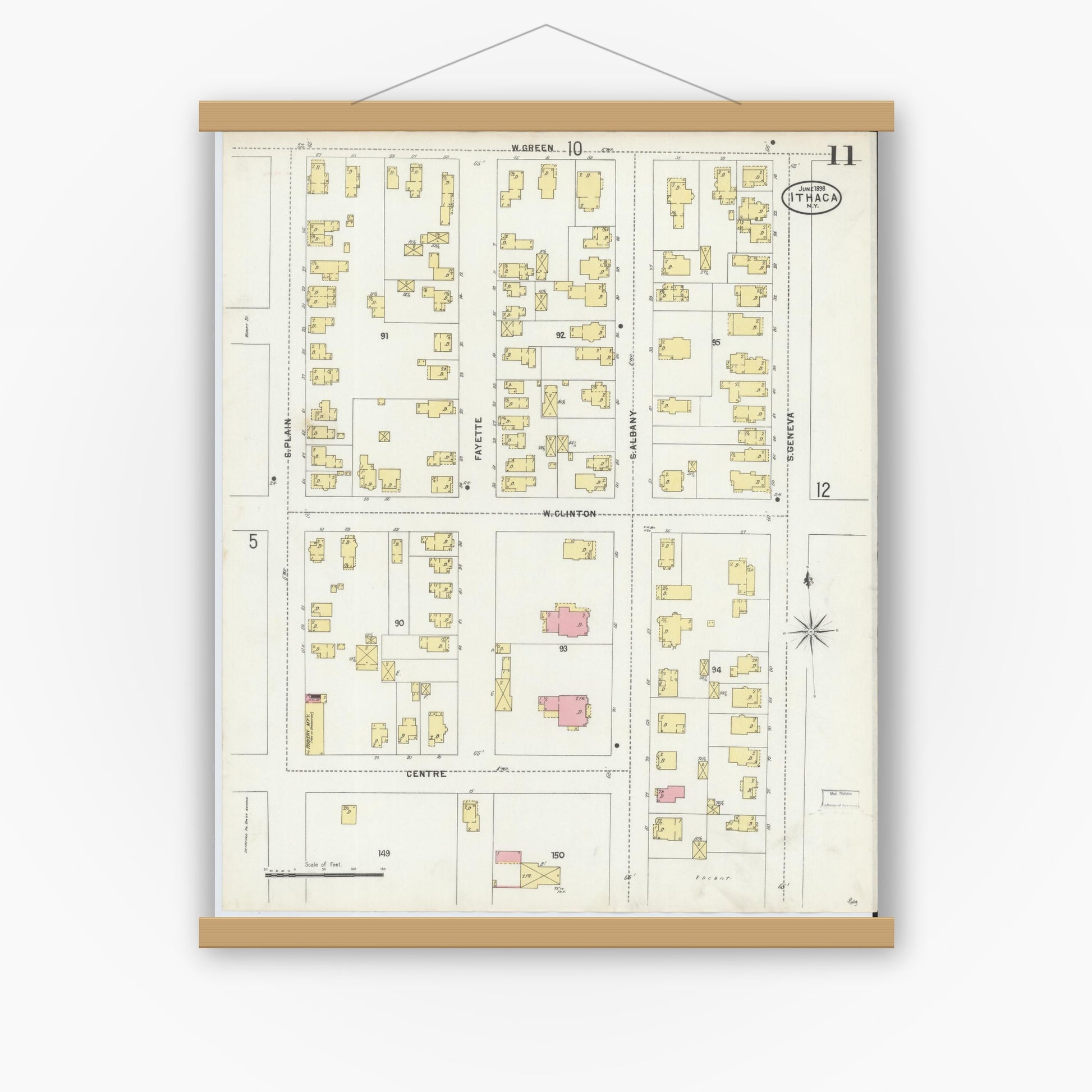 Old map wall art mockup — magnetic wood frame on white wall — Sanborn Fire Insurance Map from Ithaca, Tompkins County, New York (1898), Sheet #0011