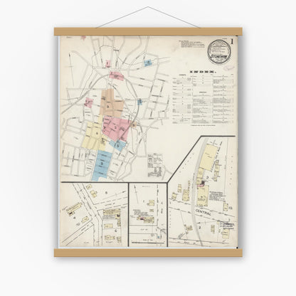 Old map wall art mockup — magnetic wood frame on white wall — Sanborn Fire Insurance Map from Stoneham, Middlesex County, Massachusetts (1887), Sheet #0001