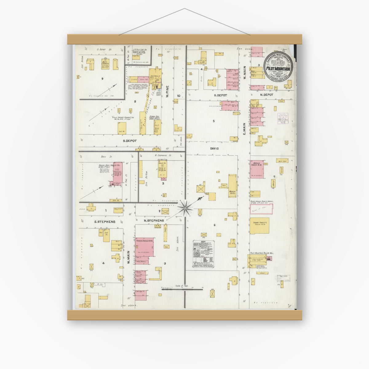 Old map wall art mockup — magnetic wood frame on white wall — Sanborn Fire Insurance Map from Pilot Mountain, Surry County, North Carolina (1905), Sheet #0001