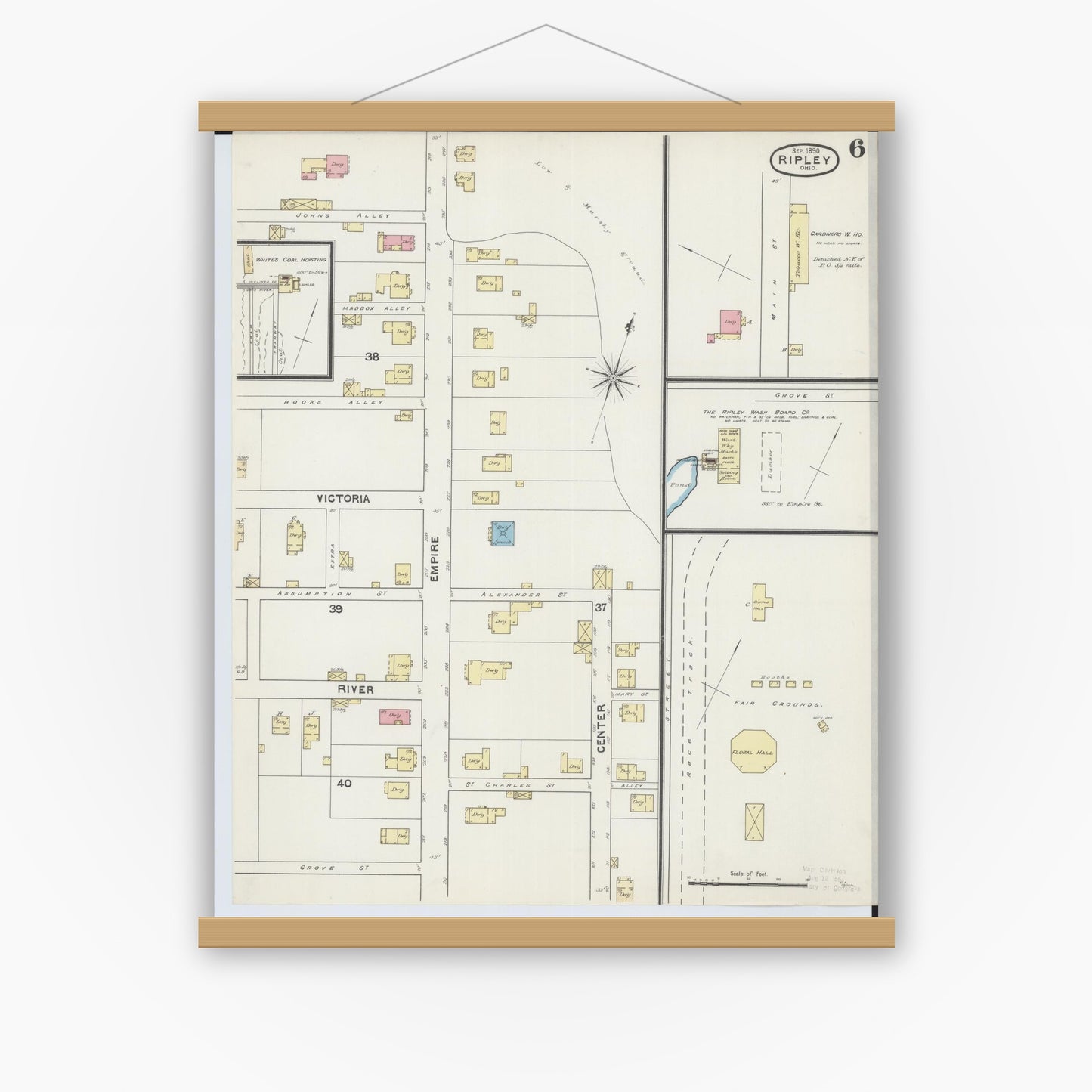 Old map wall art mockup — magnetic wood frame on white wall — Sanborn Fire Insurance Map from Ripley, Brown County, Ohio (1890), Sheet #0006