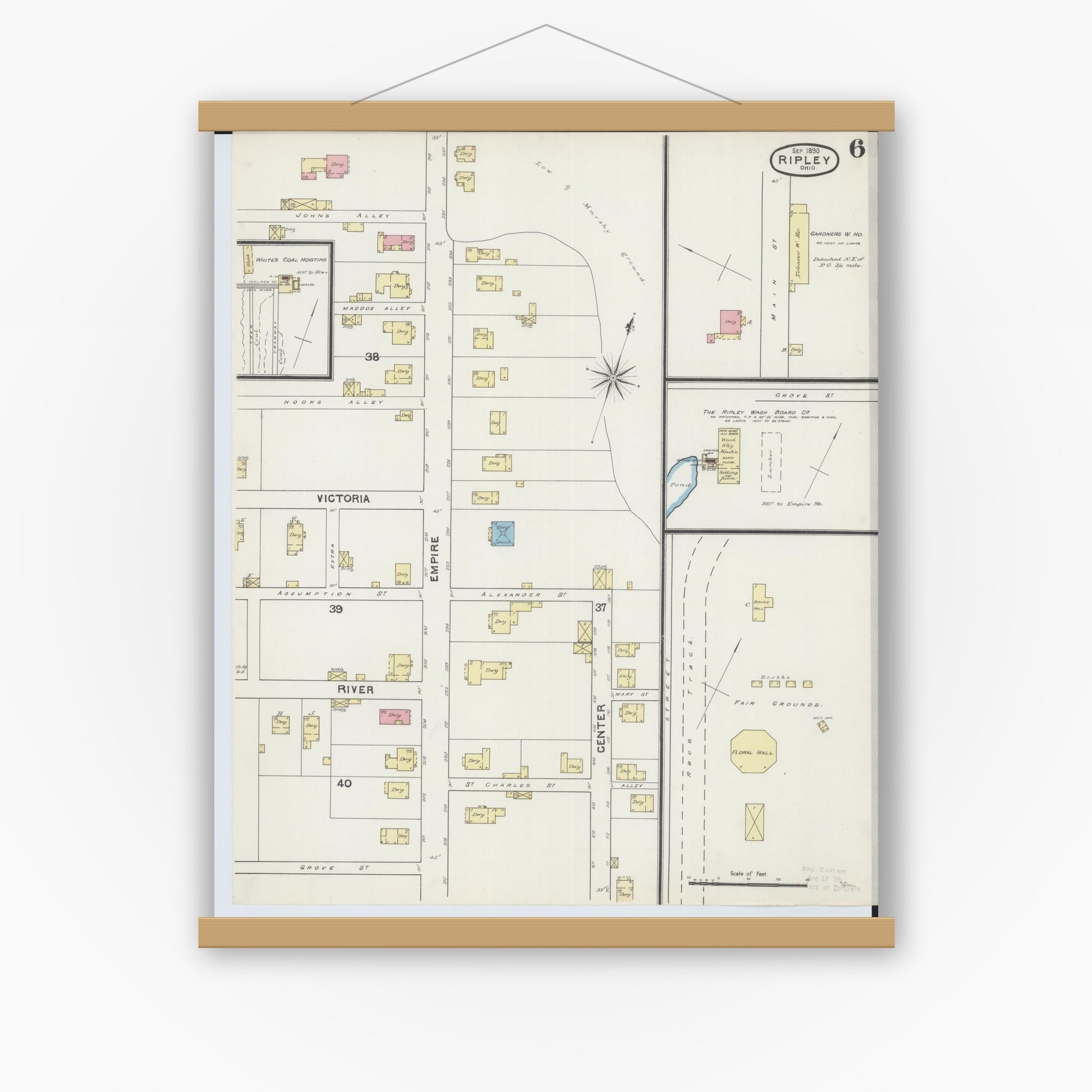 Old map wall art mockup — magnetic wood frame on white wall — Sanborn Fire Insurance Map from Ripley, Brown County, Ohio (1890), Sheet #0006