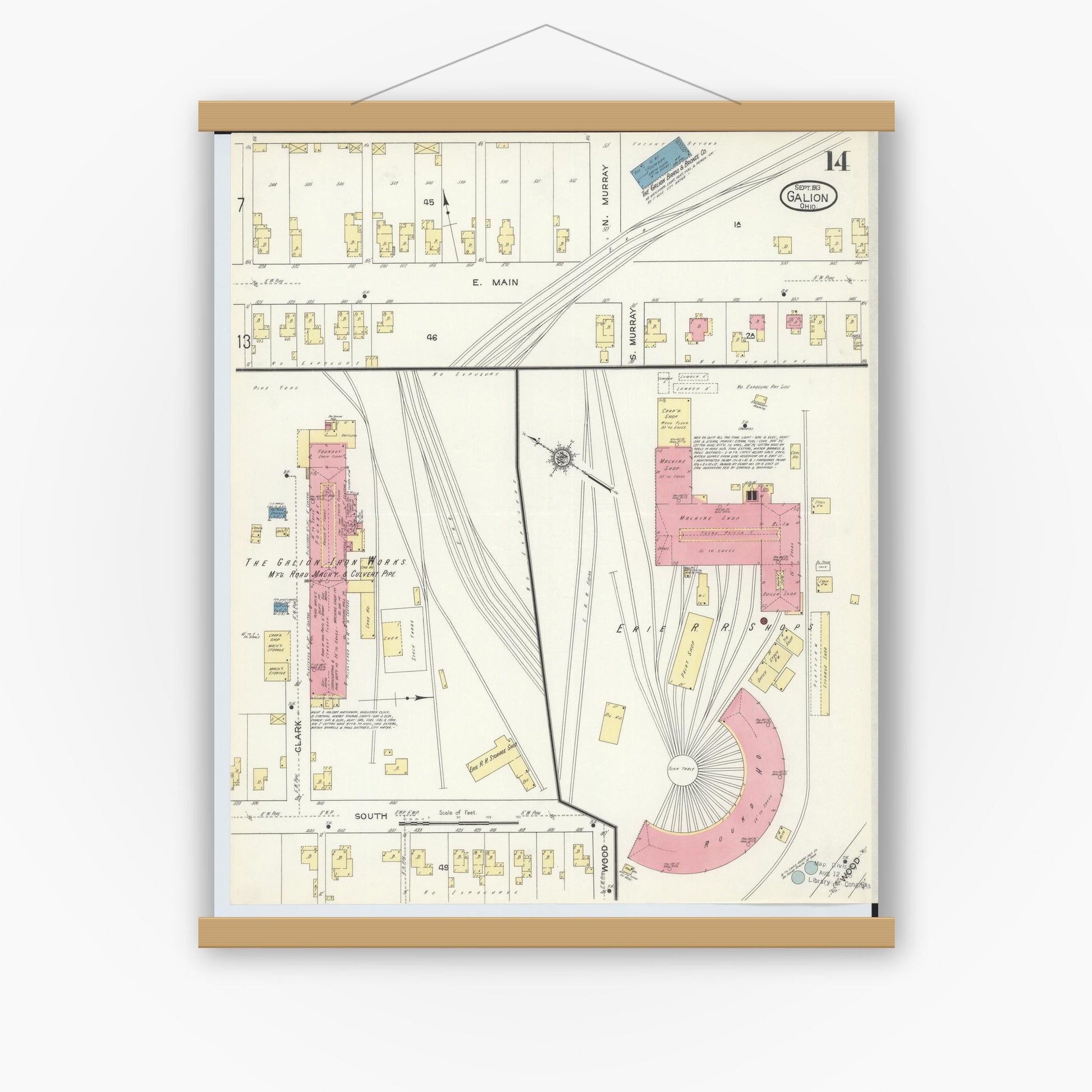 Old map wall art mockup — magnetic wood frame on white wall — Sanborn Fire Insurance Map from Galion, Crawford County, Ohio (1913), Sheet #0014