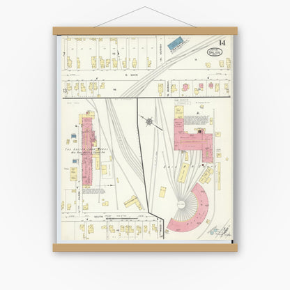 Old map wall art mockup — magnetic wood frame on white wall — Sanborn Fire Insurance Map from Galion, Crawford County, Ohio (1913), Sheet #0014
