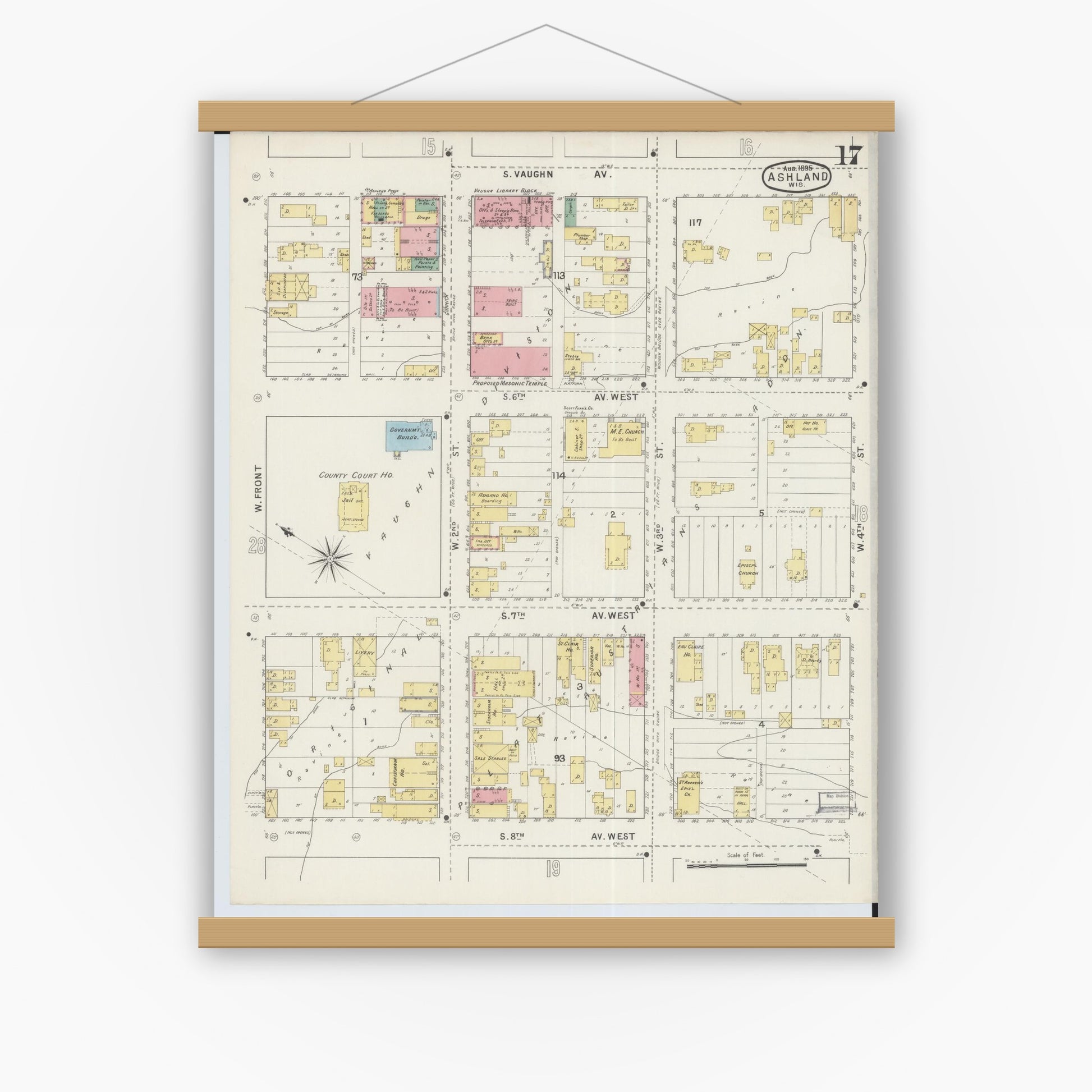 Old map wall art mockup — magnetic wood frame on white wall — Sanborn Fire Insurance Map from Ashland, Ashland County, Wisconsin (1895), Sheet #0017
