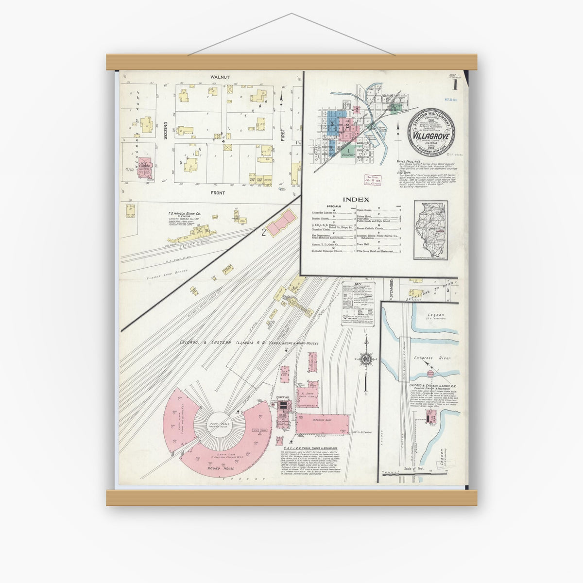Old map wall art mockup — magnetic wood frame on white wall — Sanborn Fire Insurance Map from Villa Grove, Douglas County, Illinois (1914), Sheet #0001