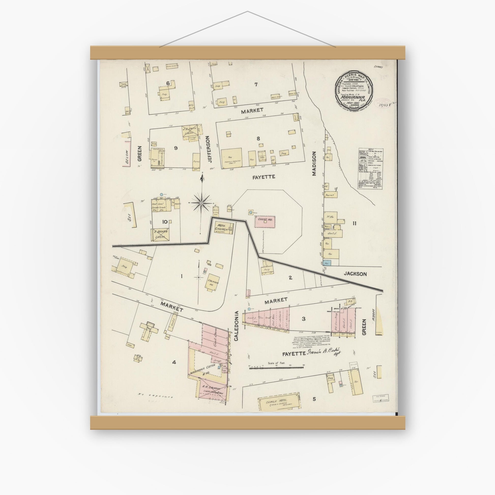Old map wall art mockup — magnetic wood frame on white wall — Sanborn Fire Insurance Map from Marianna, Jackson County, Florida (1890), Sheet #0001