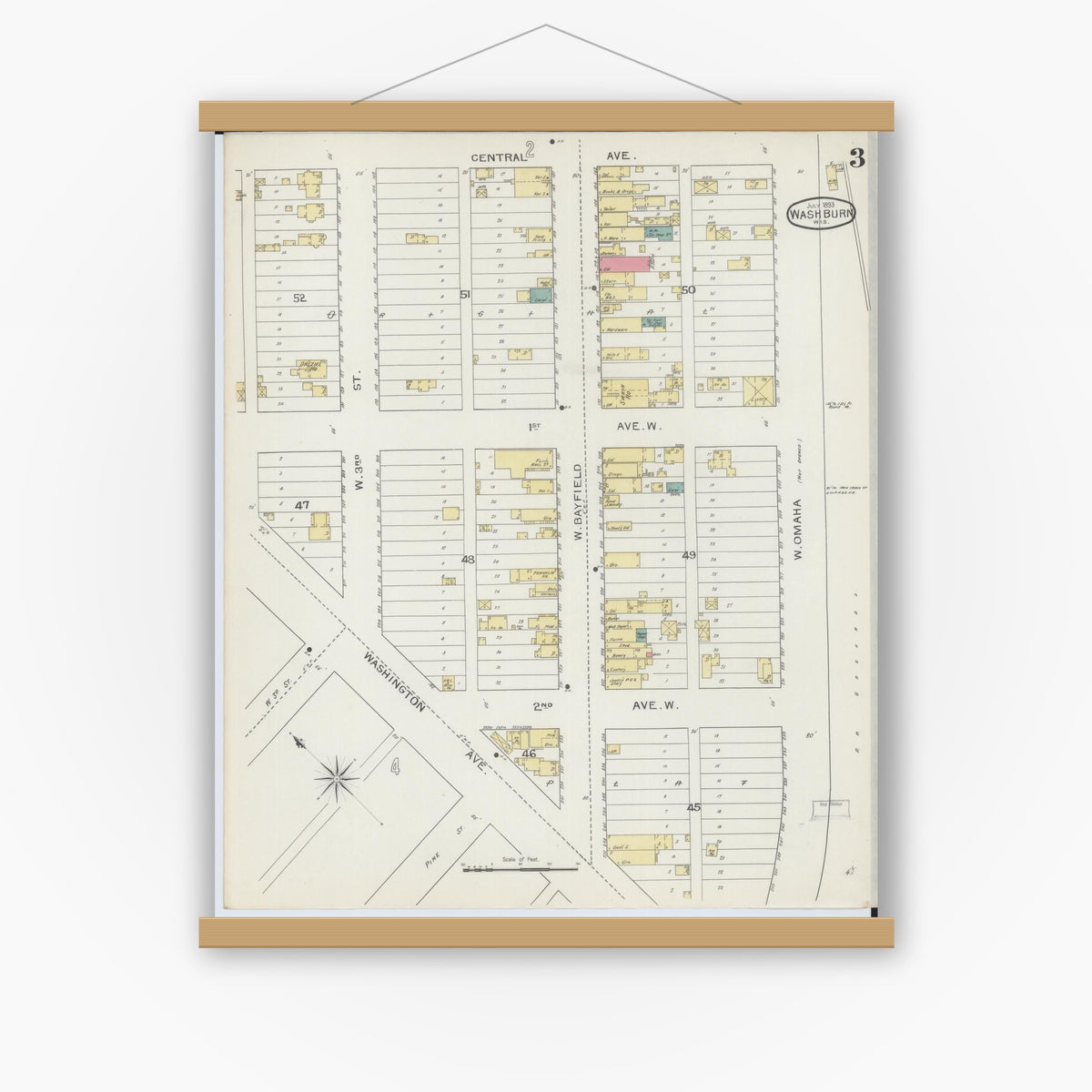 Old map wall art mockup — magnetic wood frame on white wall — Sanborn Fire Insurance Map from Washburn, Bayfield County, Wisconsin (1893), Sheet #0003