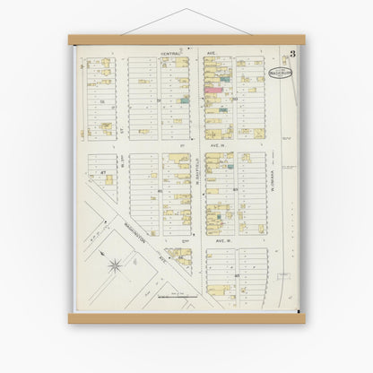 Old map wall art mockup — magnetic wood frame on white wall — Sanborn Fire Insurance Map from Washburn, Bayfield County, Wisconsin (1893), Sheet #0003
