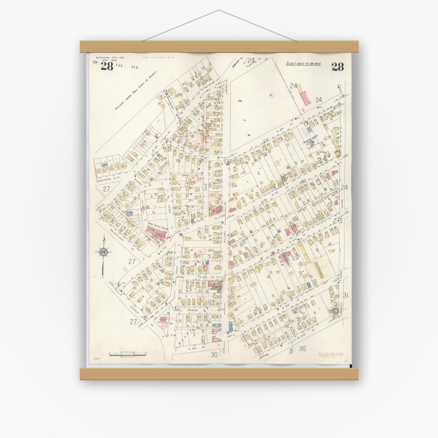 Old map wall art mockup — magnetic wood frame on white wall — Sanborn Fire Insurance Map from Michigan City, La Porte County, Indiana (1948), Sheet #0028
