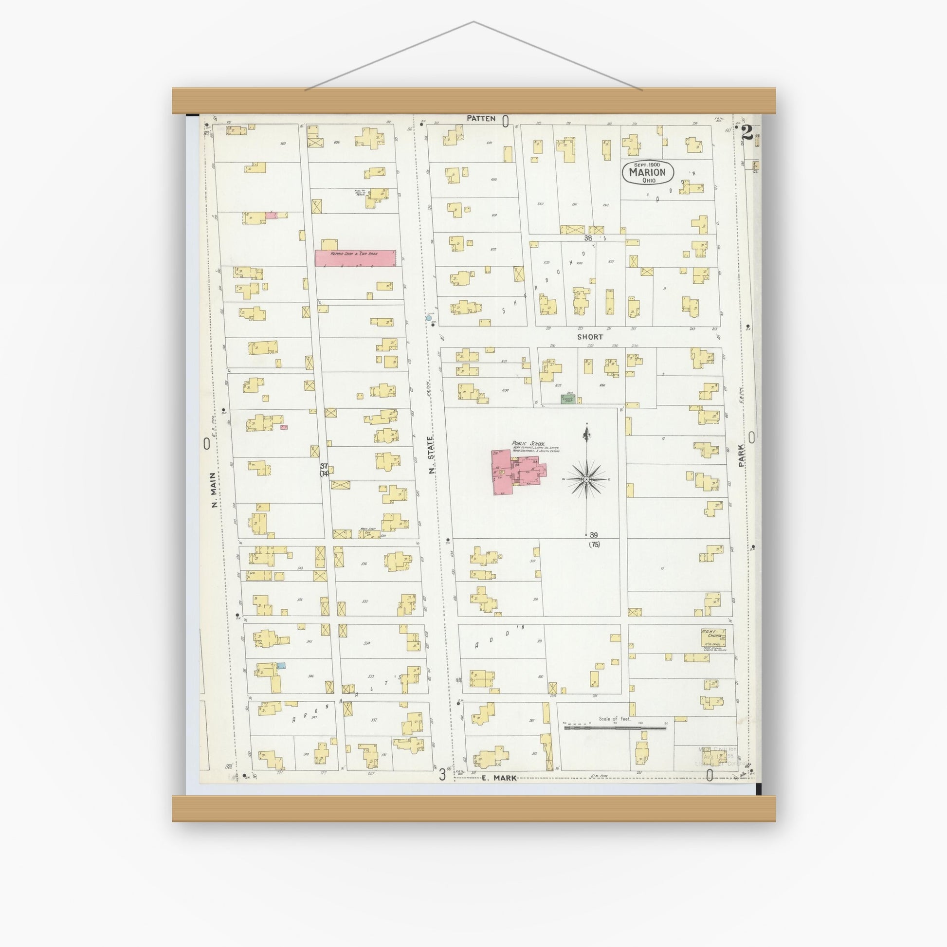 Old map wall art mockup — magnetic wood frame on white wall — Sanborn Fire Insurance Map from Marion, Marion County, Ohio (1900), Sheet #0002