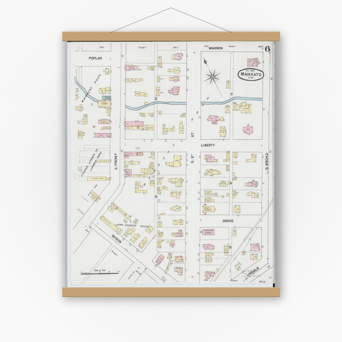 Old map wall art mockup — magnetic wood frame on white wall — Sanborn Fire Insurance Map from Mankato, Blue Earth County, Minnesota (1889), Sheet #0006