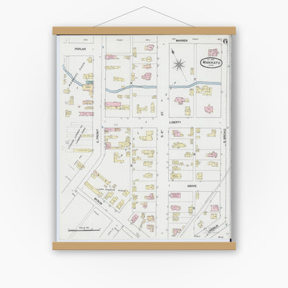 Old map wall art mockup — magnetic wood frame on white wall — Sanborn Fire Insurance Map from Mankato, Blue Earth County, Minnesota (1889), Sheet #0006