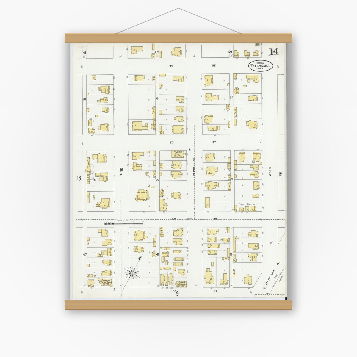 Old map wall art mockup — magnetic wood frame on white wall — Sanborn Fire Insurance Map from Texarkana, Bowie County, Texas (1900), Sheet #0014