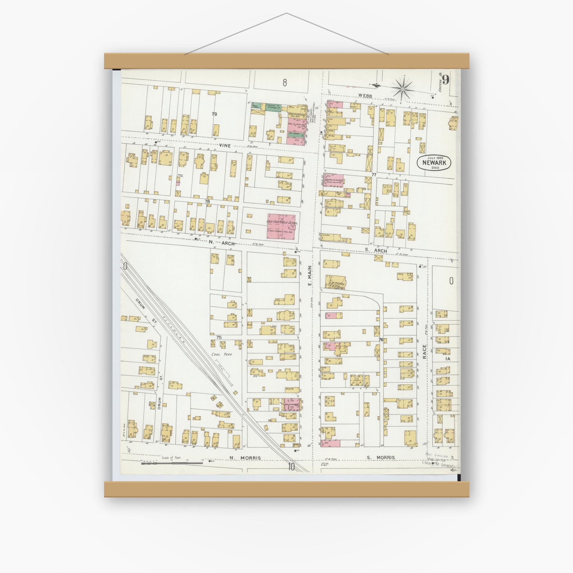 Old map wall art mockup — magnetic wood frame on white wall — Sanborn Fire Insurance Map from Newark, Licking County, Ohio (1899), Sheet #0009