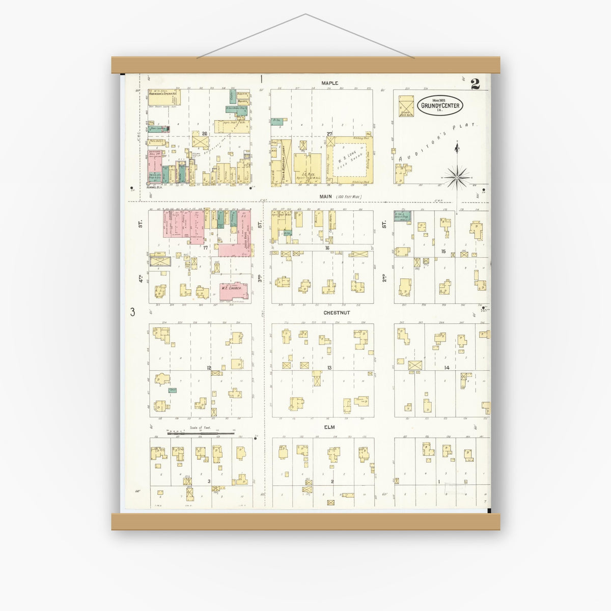 Old map wall art mockup — magnetic wood frame on white wall — Sanborn Fire Insurance Map from Grundy Center, Grundy County, Iowa (1902), Sheet #0002