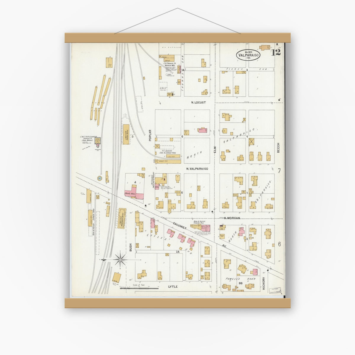 Old map wall art mockup — magnetic wood frame on white wall — Sanborn Fire Insurance Map from Valparaiso, Porter County, Indiana (1899), Sheet #0012