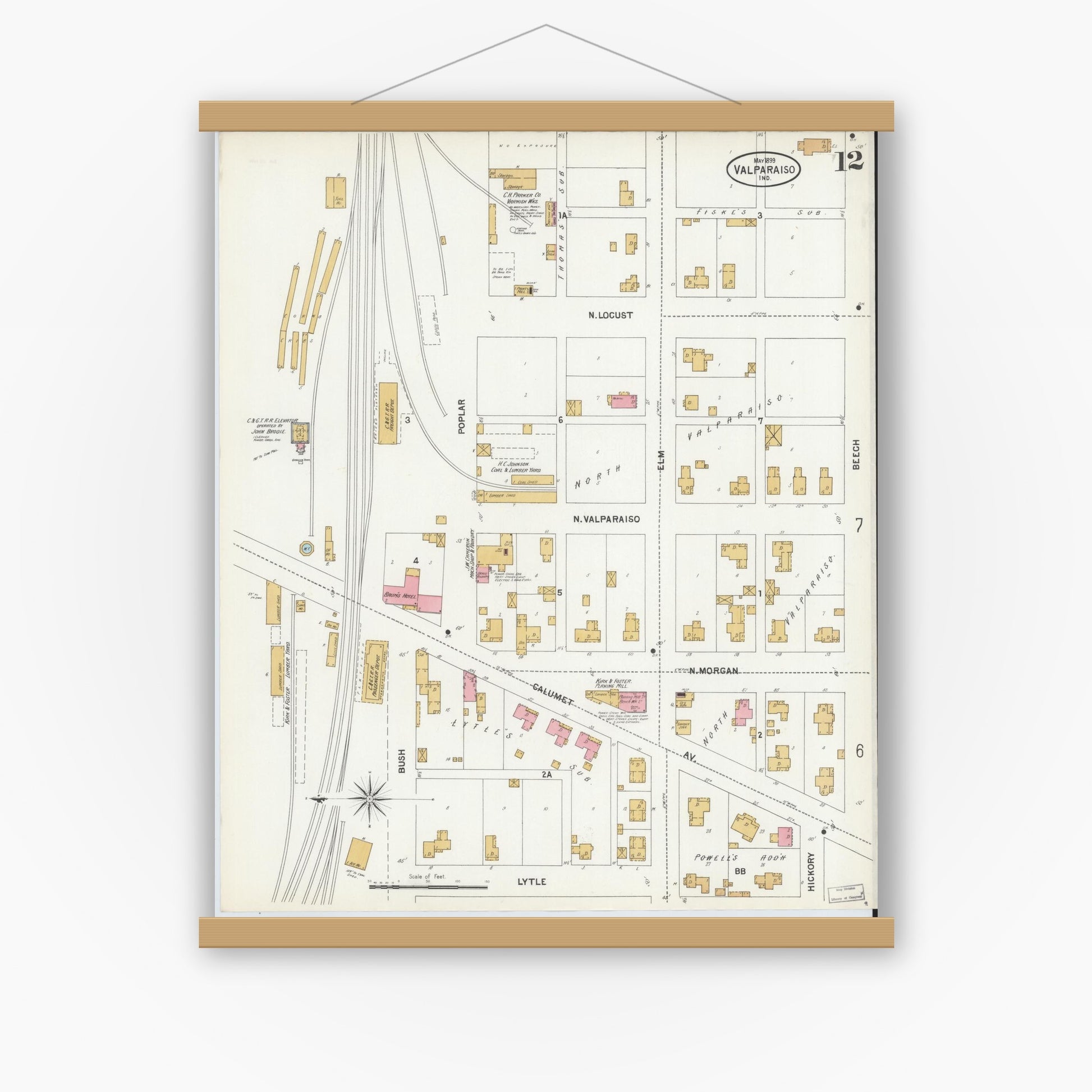 Old map wall art mockup — magnetic wood frame on white wall — Sanborn Fire Insurance Map from Valparaiso, Porter County, Indiana (1899), Sheet #0012