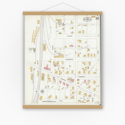 Old map wall art mockup — magnetic wood frame on white wall — Sanborn Fire Insurance Map from Valparaiso, Porter County, Indiana (1899), Sheet #0012