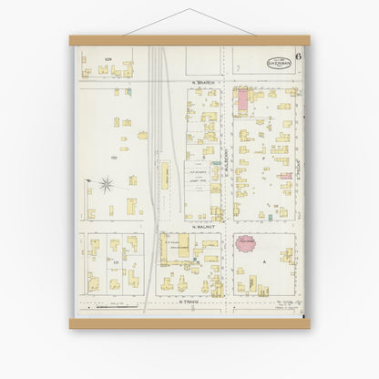 Old map wall art mockup — magnetic wood frame on white wall — Sanborn Fire Insurance Map from Sherman, Grayson County, Texas (1892), Sheet #0006