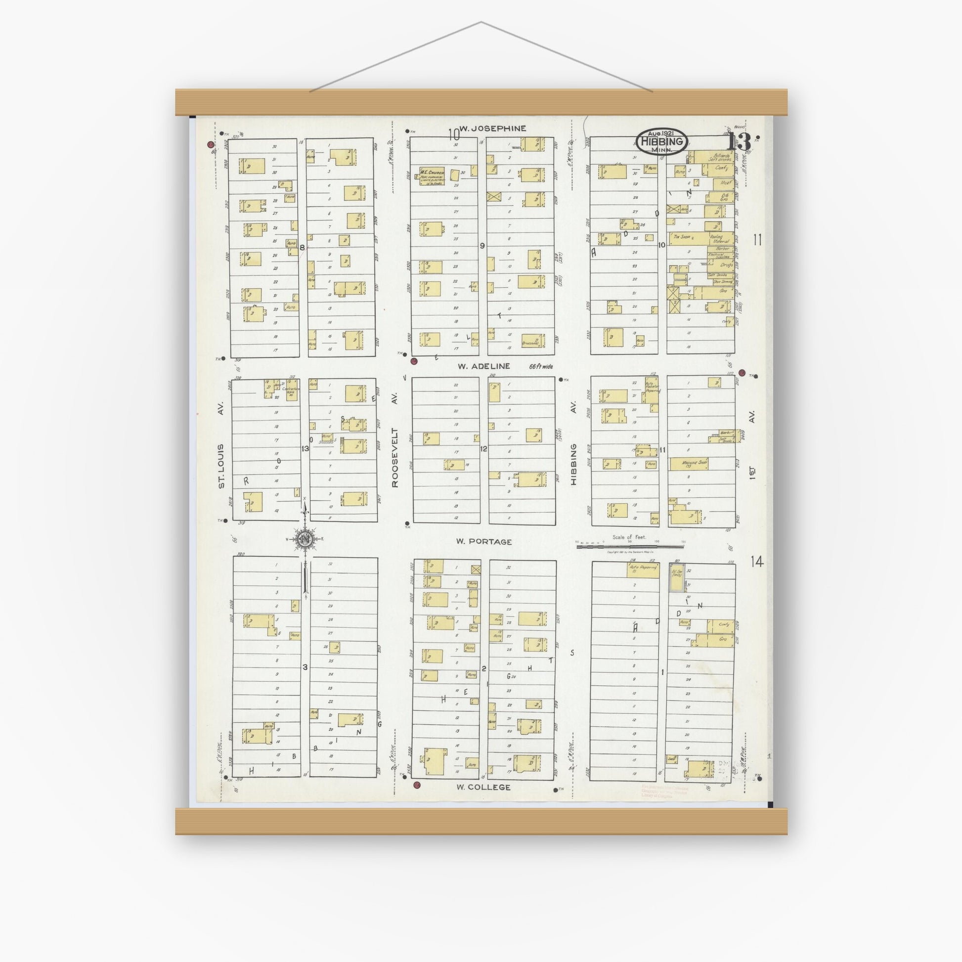 Old map wall art mockup — magnetic wood frame on white wall — Sanborn Fire Insurance Map from Hibbing, Saint Louis County, Minnesota (1921), Sheet #0013