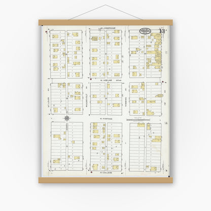 Old map wall art mockup — magnetic wood frame on white wall — Sanborn Fire Insurance Map from Hibbing, Saint Louis County, Minnesota (1921), Sheet #0013