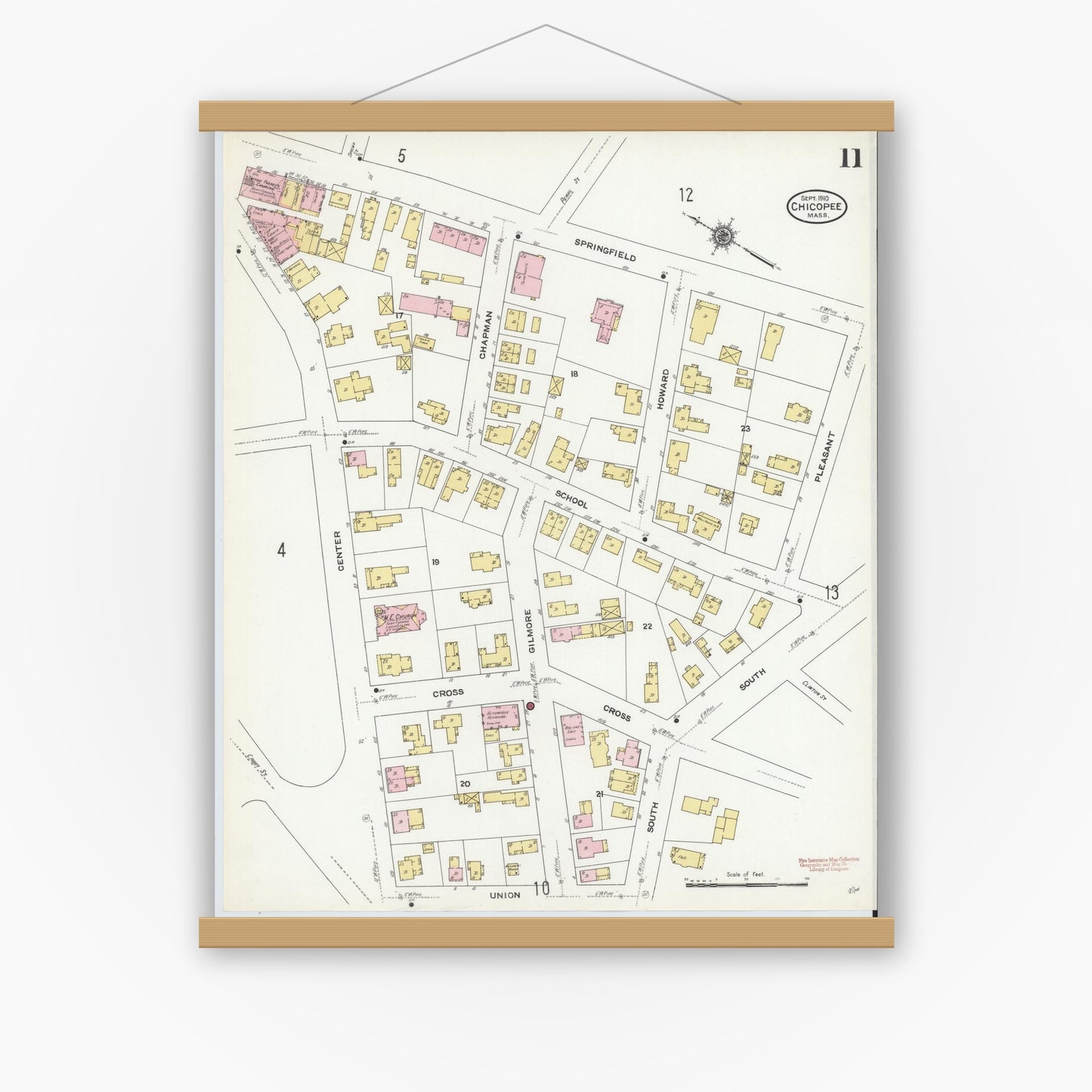 Old map wall art mockup — magnetic wood frame on white wall — Sanborn Fire Insurance Map from Chicopee, Hampden County, Massachusetts (1910), Sheet #0011