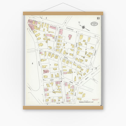 Old map wall art mockup — magnetic wood frame on white wall — Sanborn Fire Insurance Map from Chicopee, Hampden County, Massachusetts (1910), Sheet #0011