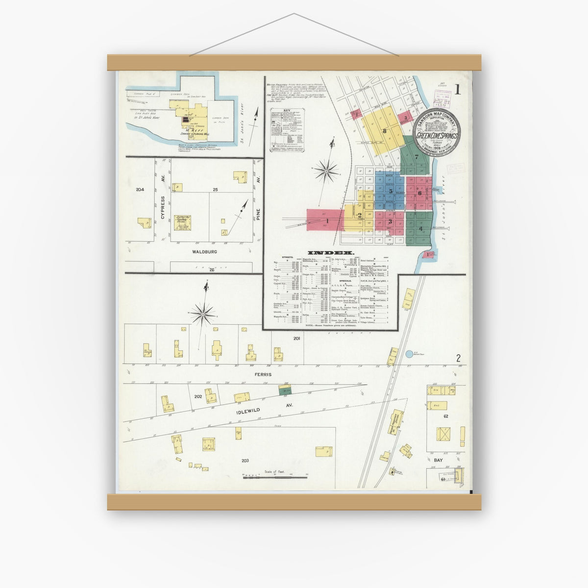 Old map wall art mockup — magnetic wood frame on white wall — Sanborn Fire Insurance Map from Green Cove Springs, Clay County, Florida (1909) - Complete Map Set