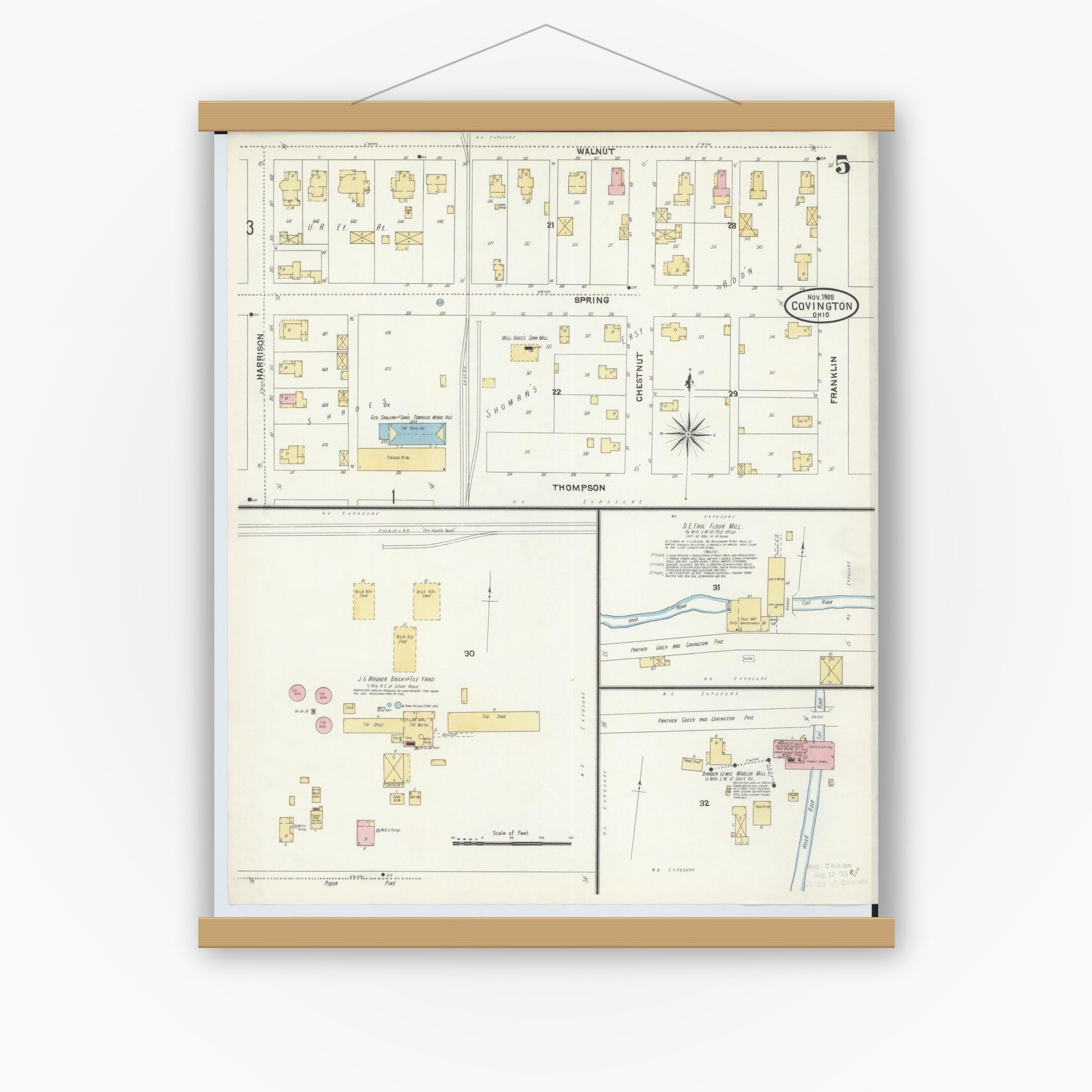 Old map wall art mockup — magnetic wood frame on white wall — Sanborn Fire Insurance Map from Covington, Miami County, Ohio (1905), Sheet #0005