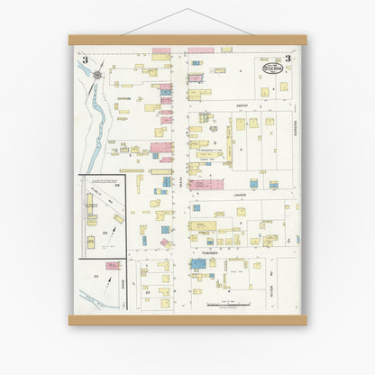 Old map wall art mockup — magnetic wood frame on white wall — Sanborn Fire Insurance Map from Boerne, Kendall County, Texas (1924), Sheet #0003