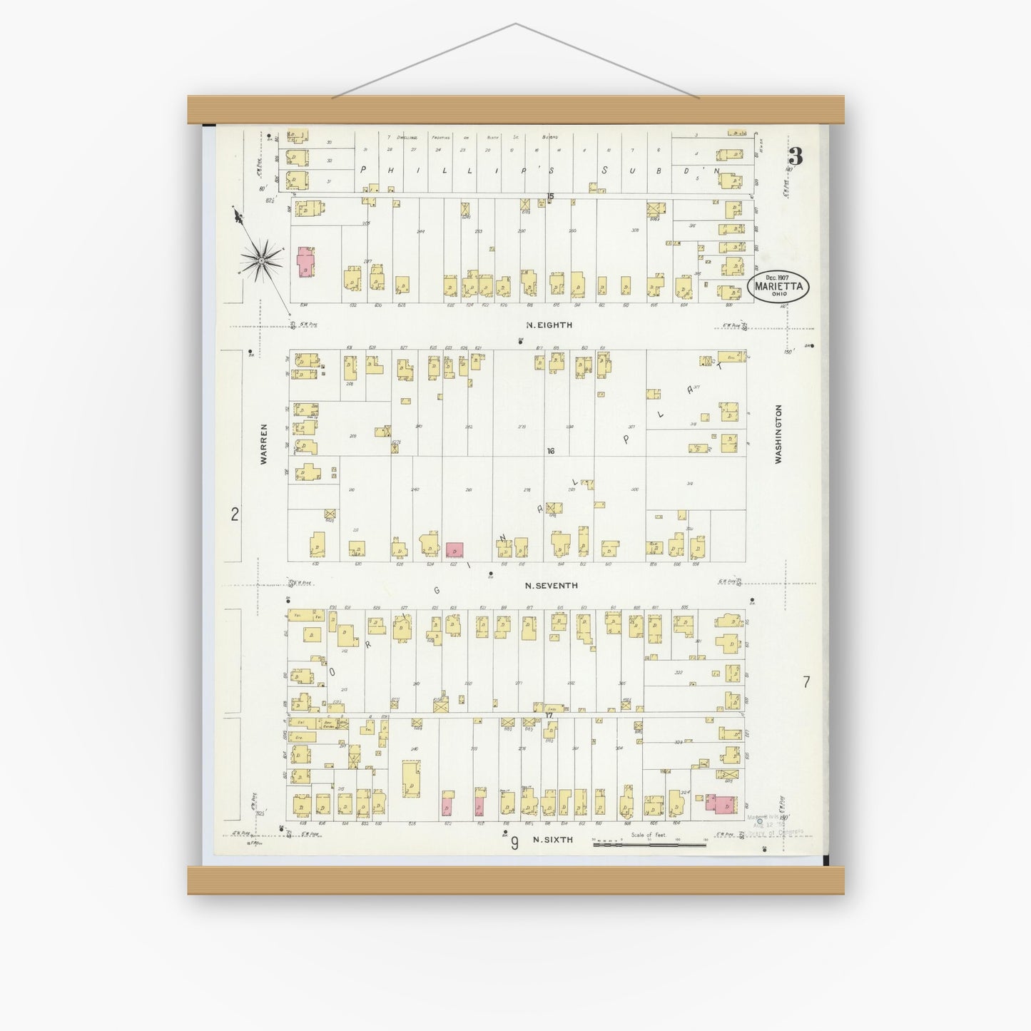 Old map wall art mockup — magnetic wood frame on white wall — Sanborn Fire Insurance Map from Marietta, Washington County, Ohio (1907), Sheet #0003