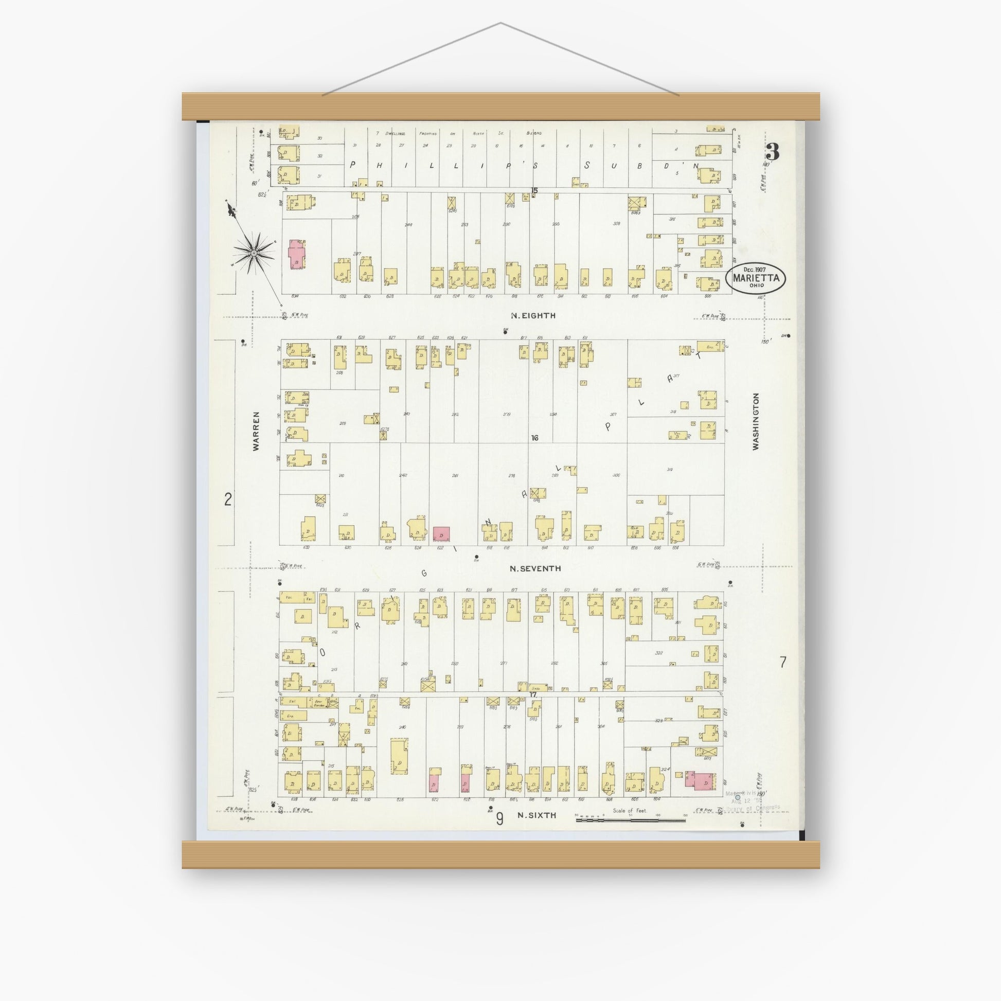 Old map wall art mockup — magnetic wood frame on white wall — Sanborn Fire Insurance Map from Marietta, Washington County, Ohio (1907), Sheet #0003