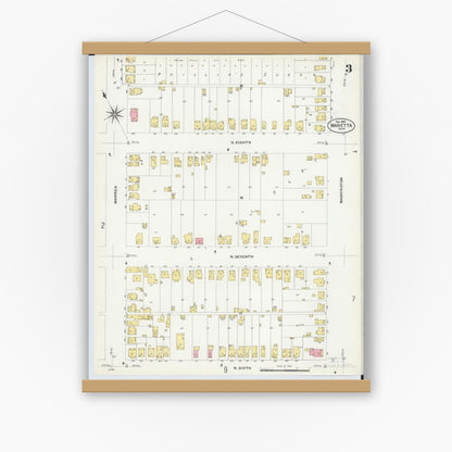 Old map wall art mockup — magnetic wood frame on white wall — Sanborn Fire Insurance Map from Marietta, Washington County, Ohio (1907), Sheet #0003