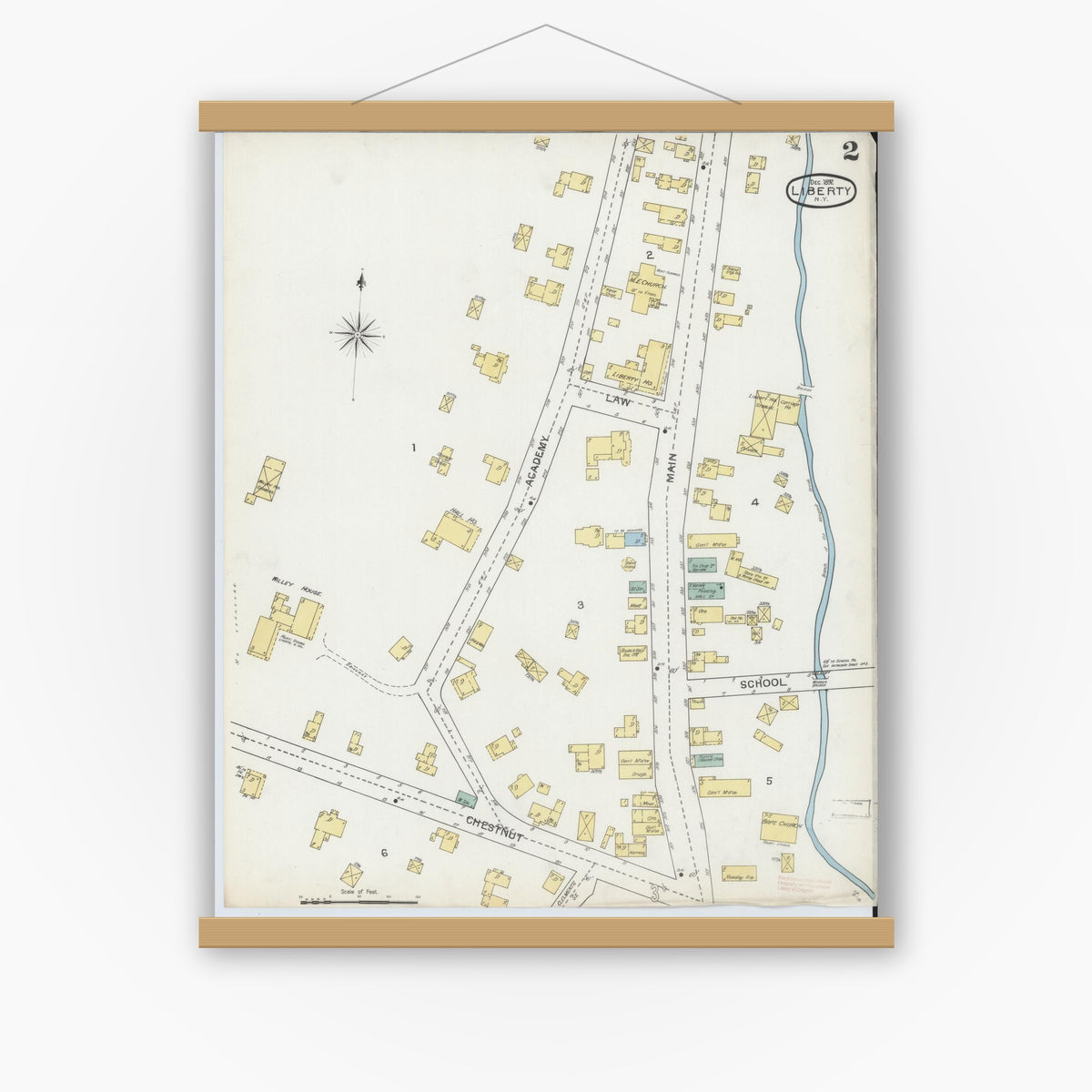 Old map wall art mockup — magnetic wood frame on white wall — Sanborn Fire Insurance Map from Liberty, Sullivan County, New York (1892), Sheet #0002