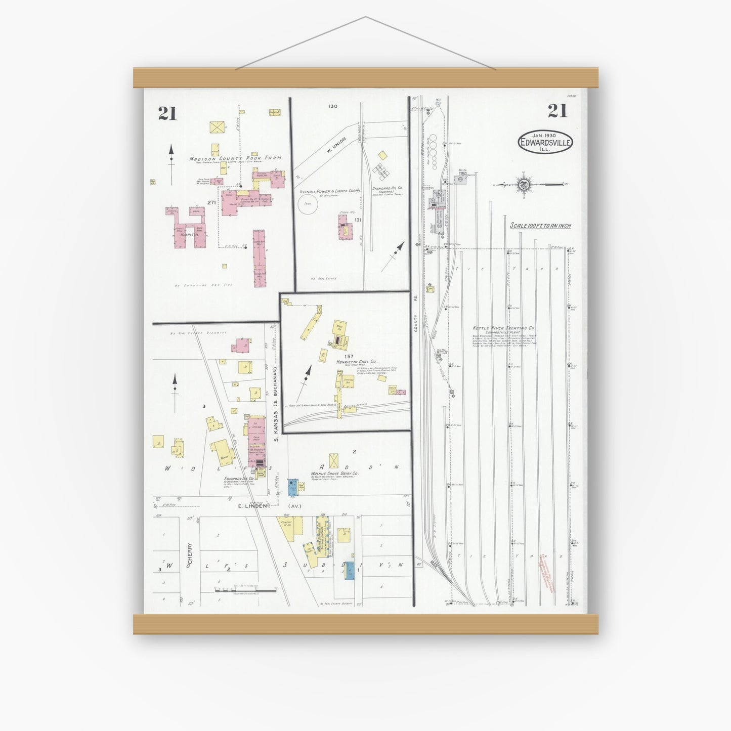 Old map wall art mockup — magnetic wood frame on white wall — Sanborn Fire Insurance Map from Edwardsville, Madison County, Illinois (1930), Sheet #0021