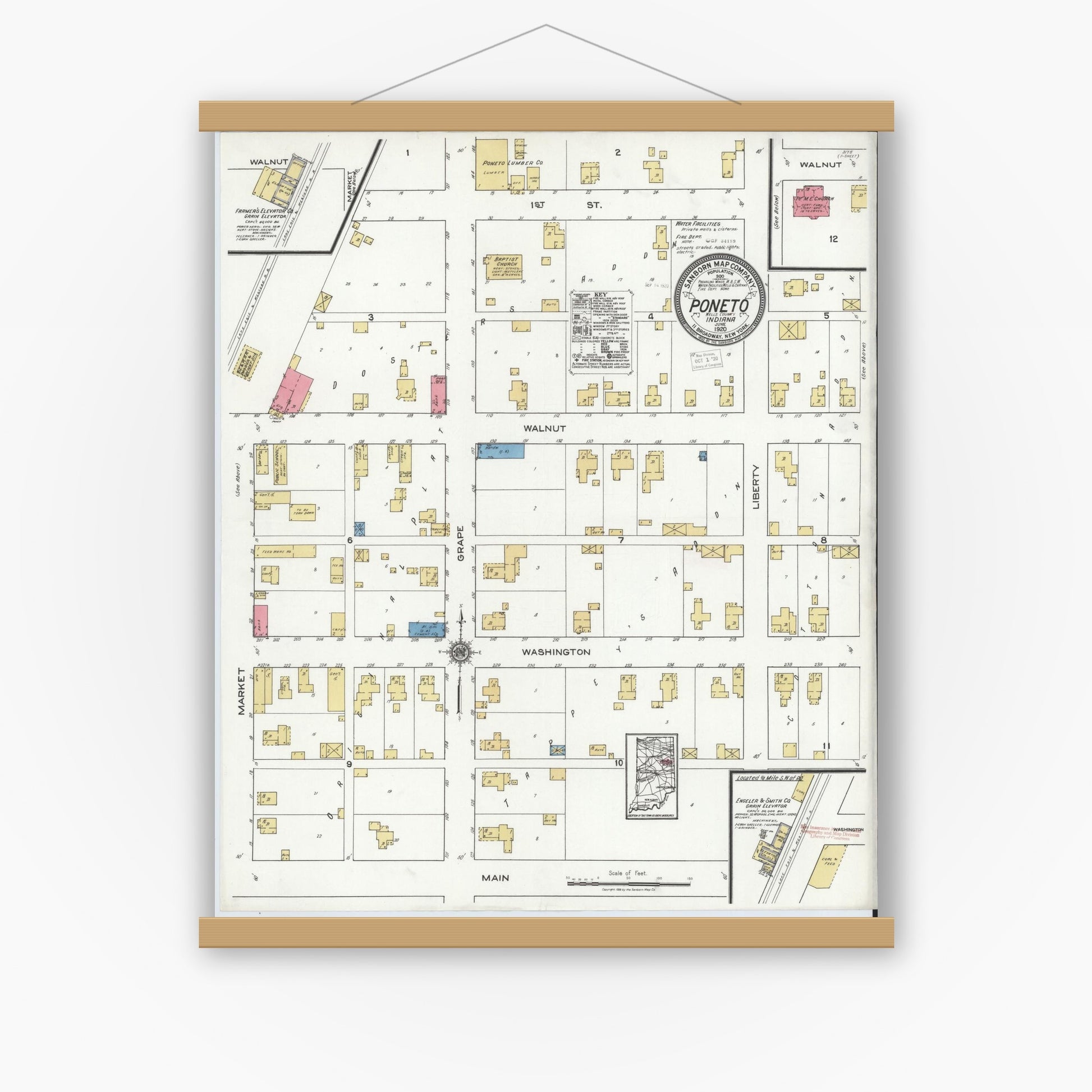 Old map wall art mockup — magnetic wood frame on white wall — Sanborn Fire Insurance Map from Poneto, Wells County, Indiana (1920), Sheet #0001