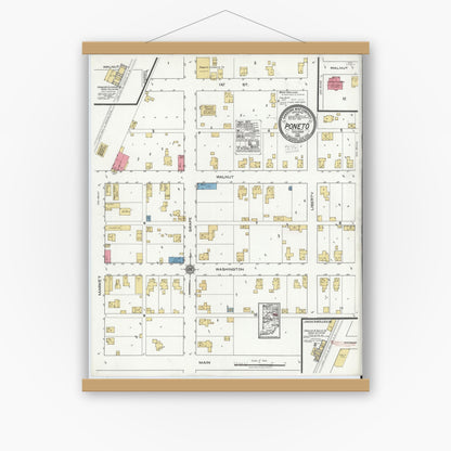 Old map wall art mockup — magnetic wood frame on white wall — Sanborn Fire Insurance Map from Poneto, Wells County, Indiana (1920), Sheet #0001