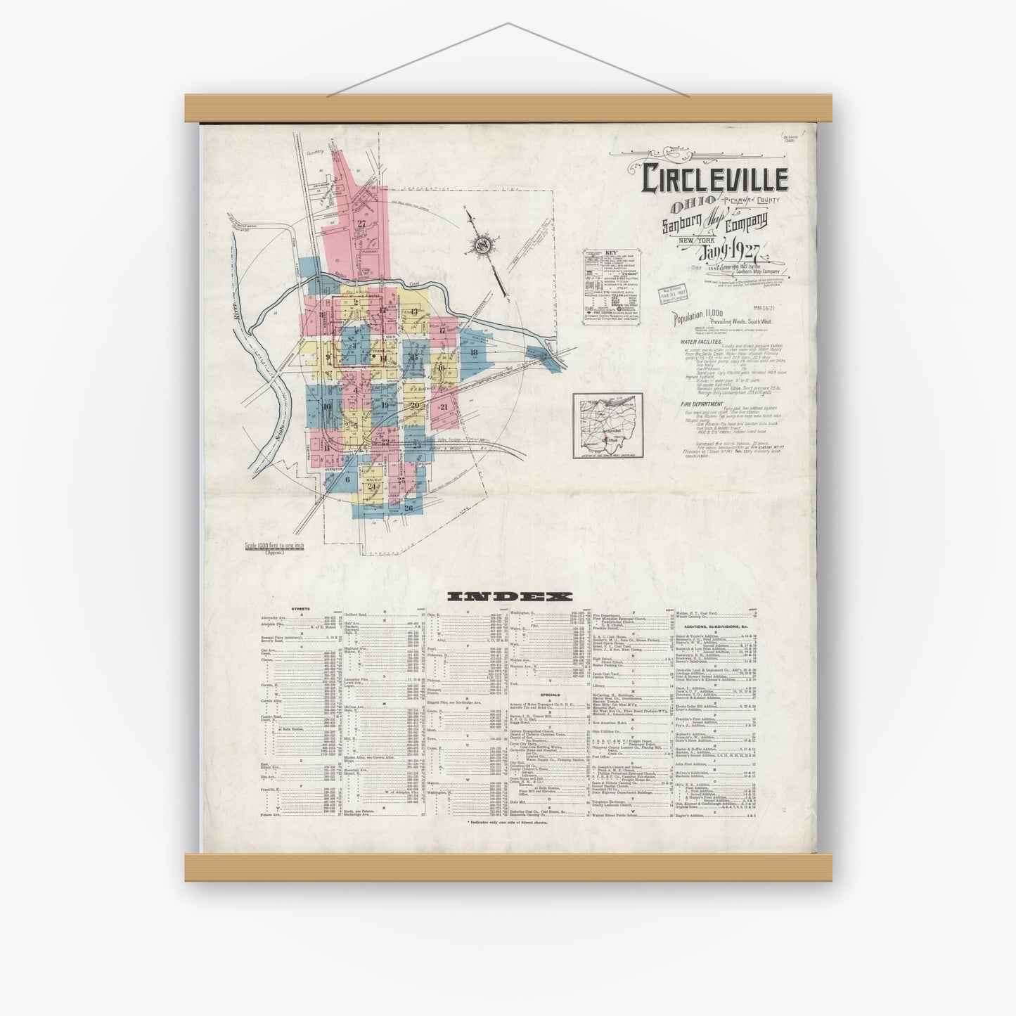 Old map wall art mockup — magnetic wood frame on white wall — Sanborn Fire Insurance Map from Circleville, Pickaway County, Ohio (1927) - Complete Map Set