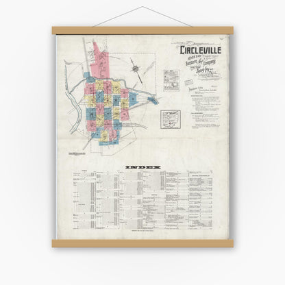 Old map wall art mockup — magnetic wood frame on white wall — Sanborn Fire Insurance Map from Circleville, Pickaway County, Ohio (1927) - Complete Map Set
