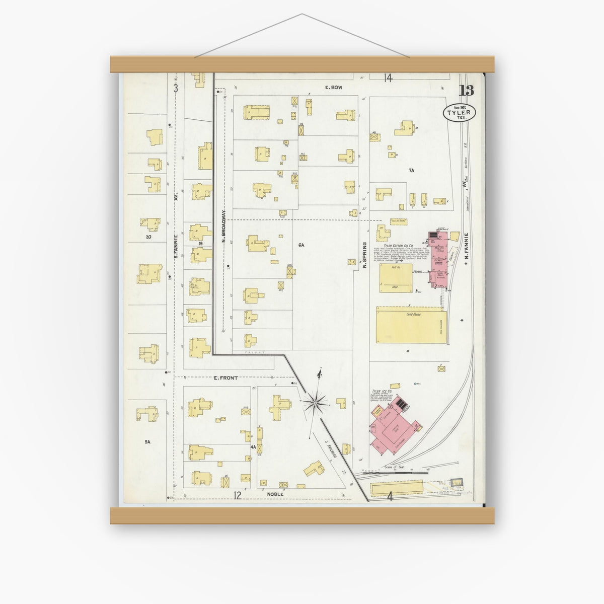 Old map wall art mockup — magnetic wood frame on white wall — Sanborn Fire Insurance Map from Tyler, Smith County, Texas (1902), Sheet #0013