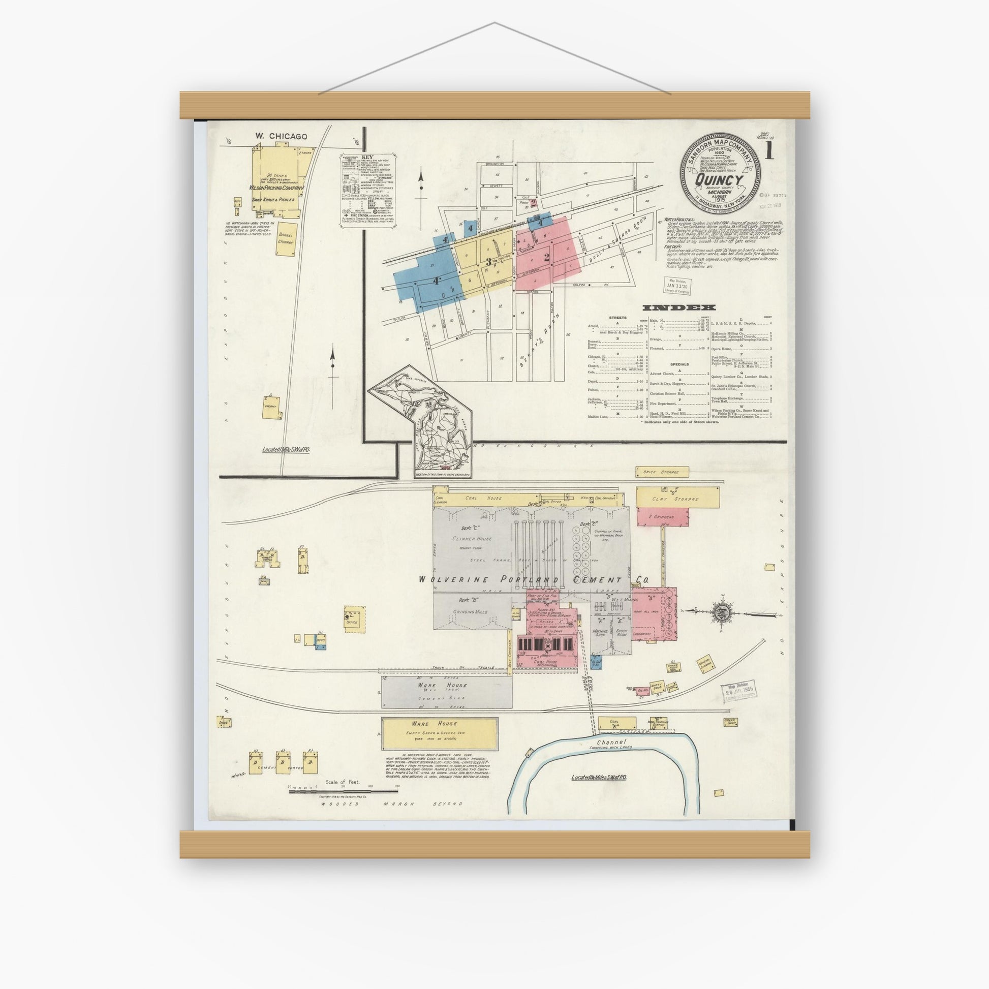 Old map wall art mockup — magnetic wood frame on white wall — Sanborn Fire Insurance Map from Quincy, Branch County, Michigan (1919), Sheet #0001