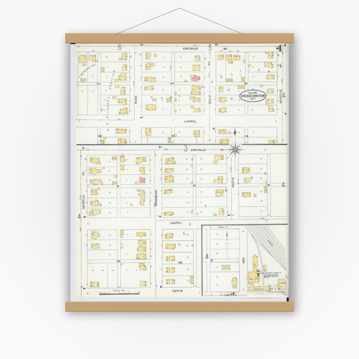 Old map wall art mockup — magnetic wood frame on white wall — Sanborn Fire Insurance Map from Chicago Junction, Huron County, Ohio (1904), Sheet #0004